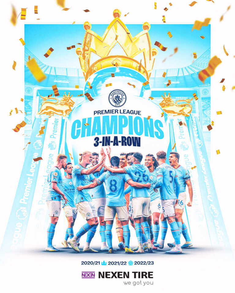 Blue Manchester City Premier League Champions celebration image showing players celebrating and overlay of NEXEN tyres who are the sponsors