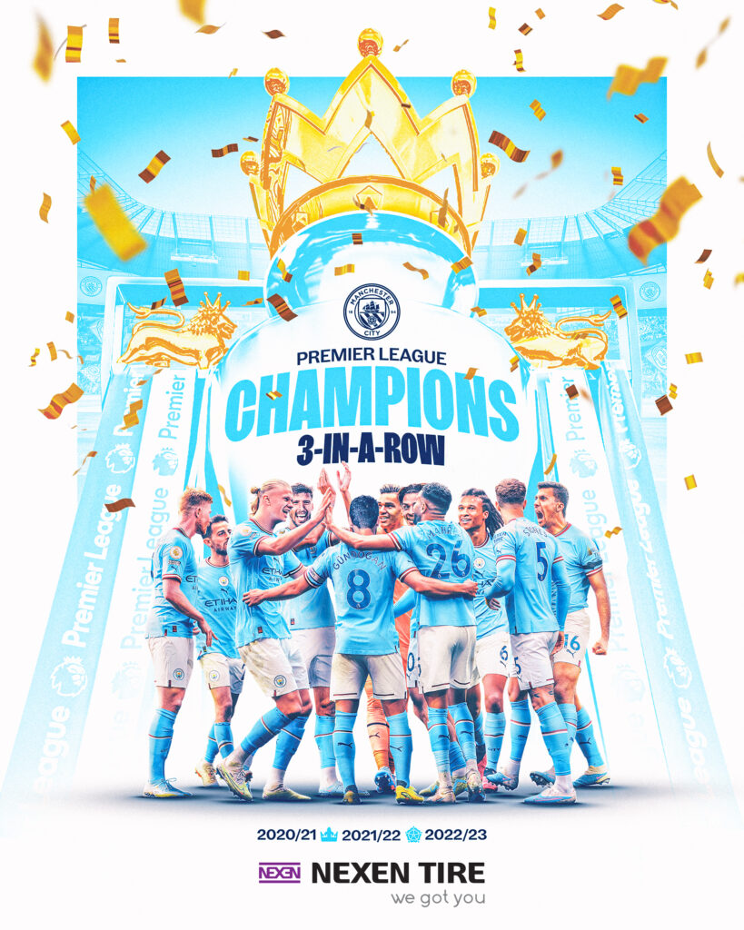 Blue Manchester City Premier League Champions celebration image showing players celebrating and overlay of NEXEN tyres who are the sponsors