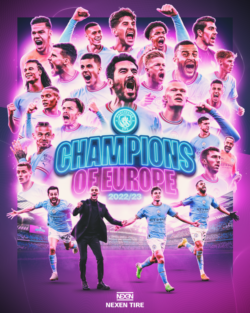 Purple Manchester City champions of Europe 2022 and 2023 celebration image with NEXEN branding
