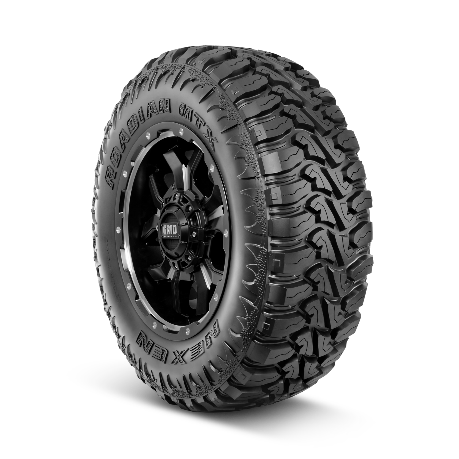 Angle view of NEXEN Roadian MTX RM7 mud terrain tyre with beast sidewall showing