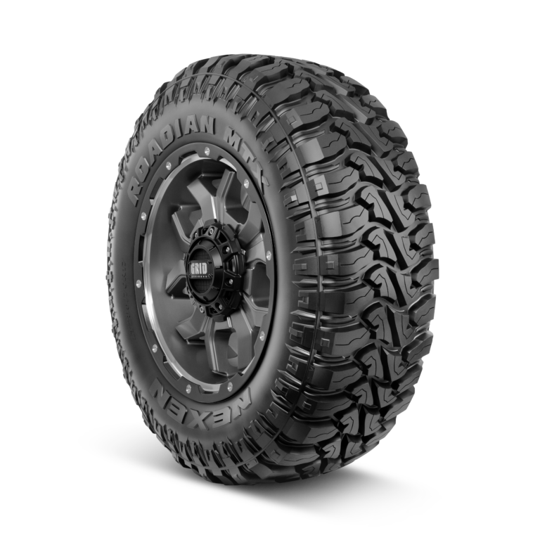Angle view of NEXEN Roadian MTX RM7 mud terrain tyre with machine sidewall design
