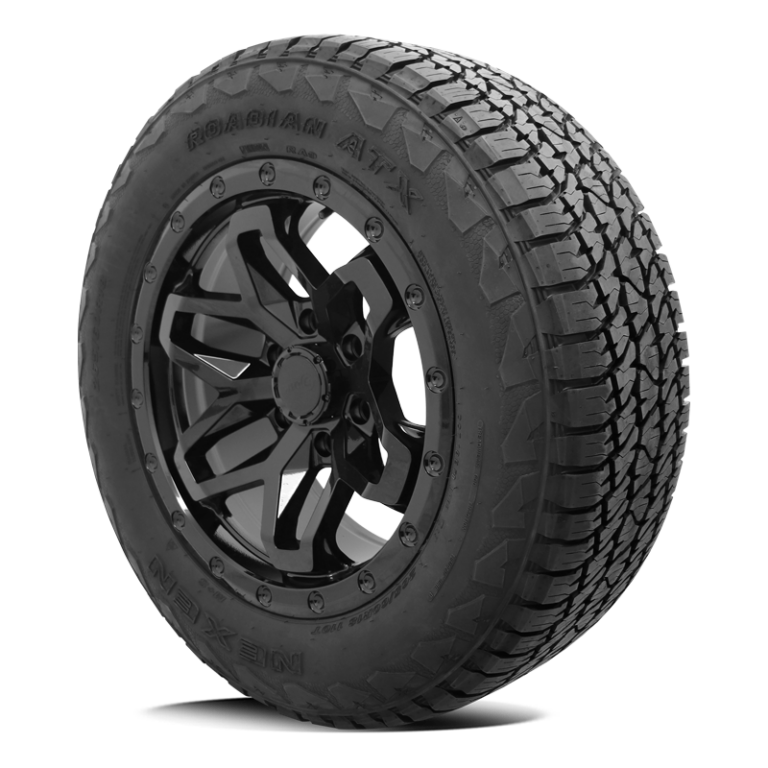 Angle view of a NEXEN Roadian ATX all terrain tyre showing a DTM wheel installed
